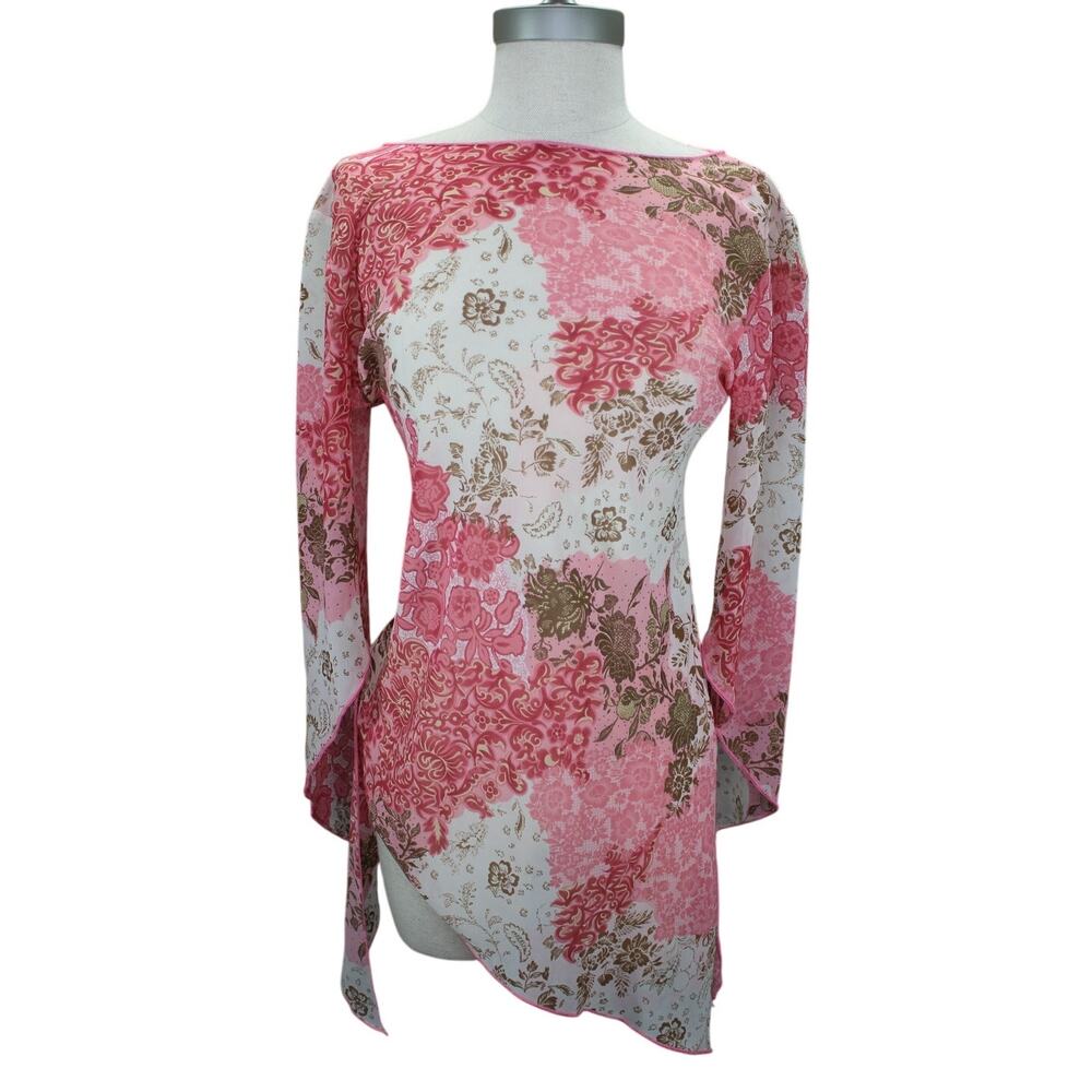 Vintage Y2K VIXEN Women's Blouse Size Large Sheer Long Bell Sleeve Pink